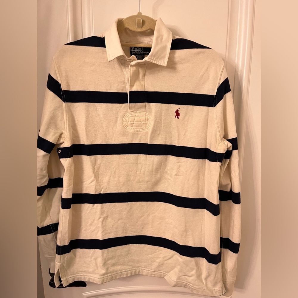 Classic Polo Ralph Lauren blue and white long sleeve collared shirt.